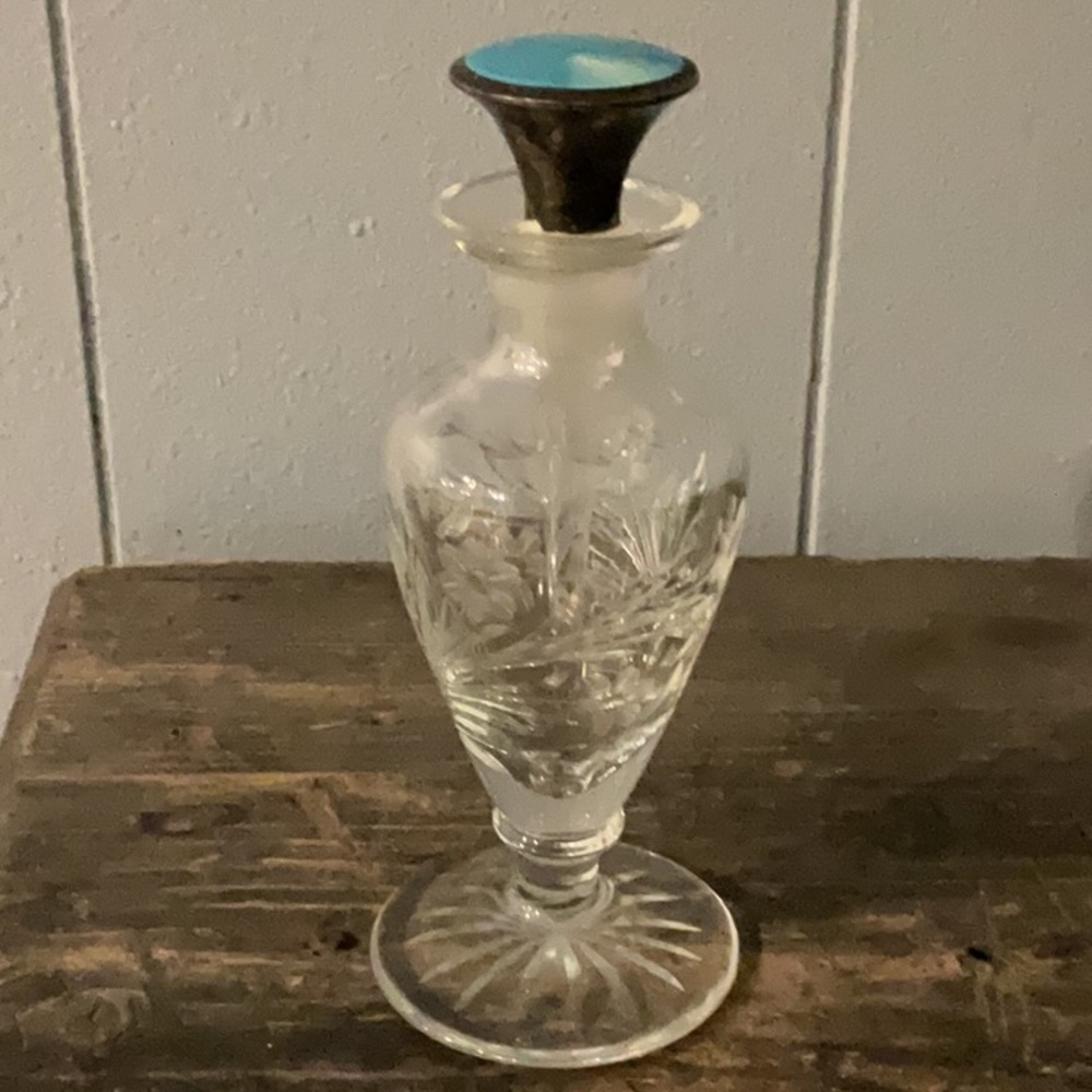 Antique Cut Crystal Perfume Bottle Silver & Guilloché Enamel